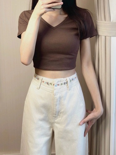 Women's Embroidered Stylish Design High-Waisted Casual Slim Straight Wide Leg Pants for Spring and Autumn 2024 New Arrival