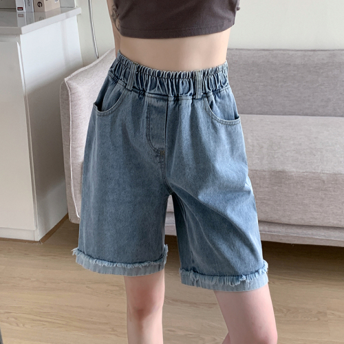 Real shot of denim pure cotton summer women's trendy high-waist slimming A-line wide-leg mid-pants loose five-point hem pants Internet celebrity