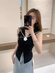 College style navy collar three-dimensional flower chic and beautiful top pleated design pinch waist vest small shirt for women summer