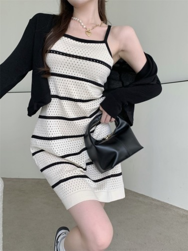 Real shot French design hollow striped high-end suspender knitted dress niche hot girl style