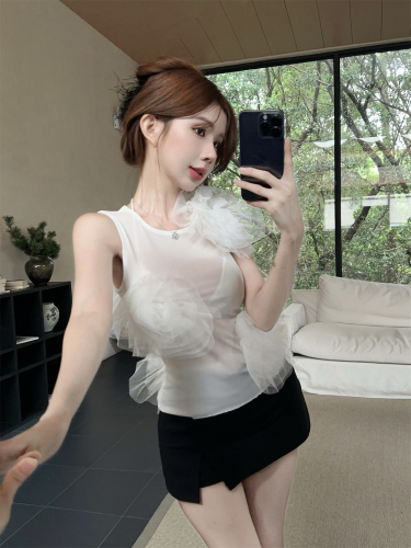 Real shot of three-dimensional large flower micro-transparent mesh pure desire sexy tank top T-shirt for women