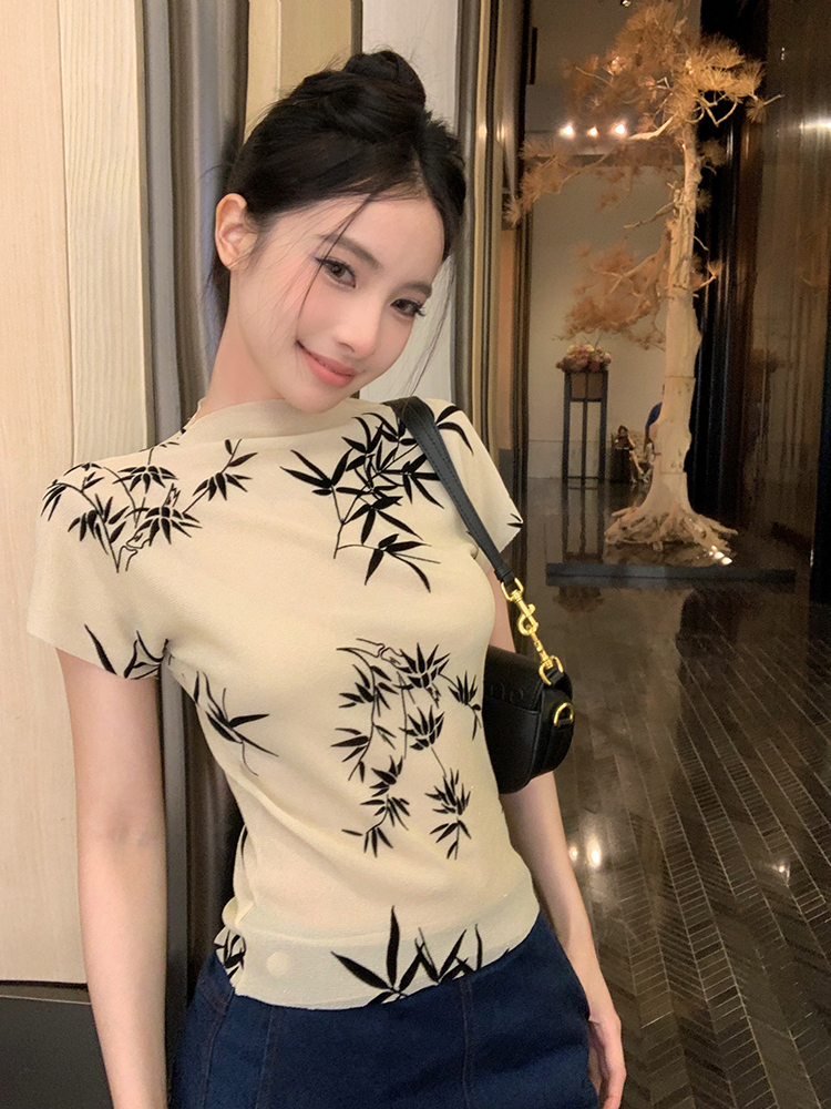 Photographed Bamboo House, New Chinese Style, Guofeng Water Ink Print, Elastic Sheer Crew Neck Short Sleeve T-shirt