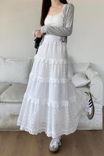 Actual shot of white skirt for women, spring style, high-waisted A-line skirt, cake skirt, design, lace splicing, crochet flower long skirt