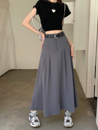 Actual shot and real price ~ Gray suit pleated skirt new style high waist slimming drape A-line long skirt covering the span slimming umbrella skirt