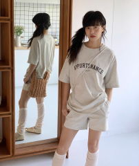 Good quality pure cotton + back collar short-sleeved printed 200g T-shirt with dropped shoulders, loose mid-length summer top