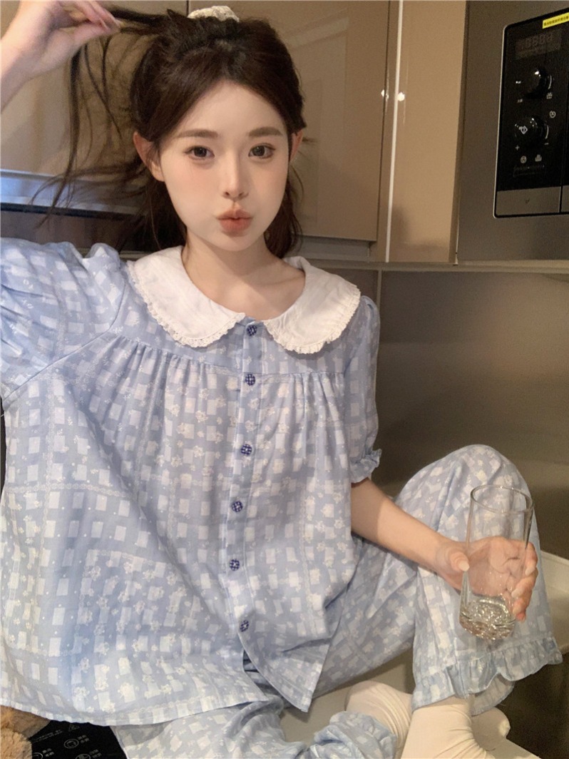 Real shot of Korean style sweet color small lapel cotton printing clear and comfortable summer short-sleeved trousers home clothes
