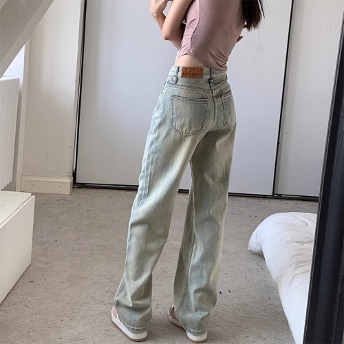 Light color straight non-elastic jeans for women hot new style high waist slimming wide leg pants