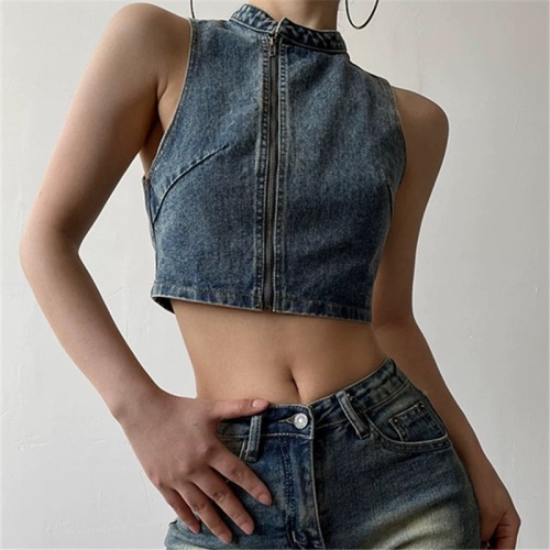 American retro hottie denim sleeveless vest for women spring and summer new Korean style design short street zipper top