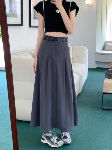 Actual shot and real price ~ Gray suit pleated skirt new style high waist slimming drape A-line long skirt covering the span slimming umbrella skirt