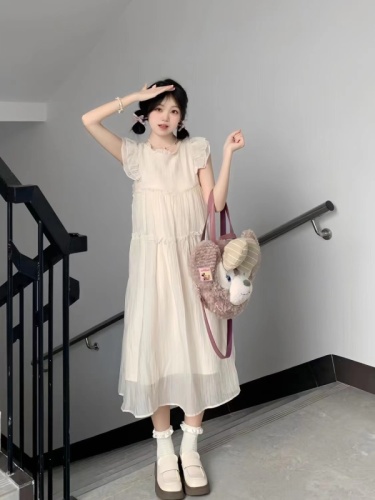 Original 1:1 French gentle and sweet style small flying sleeve dress for women with small summer loose mid-length skirt