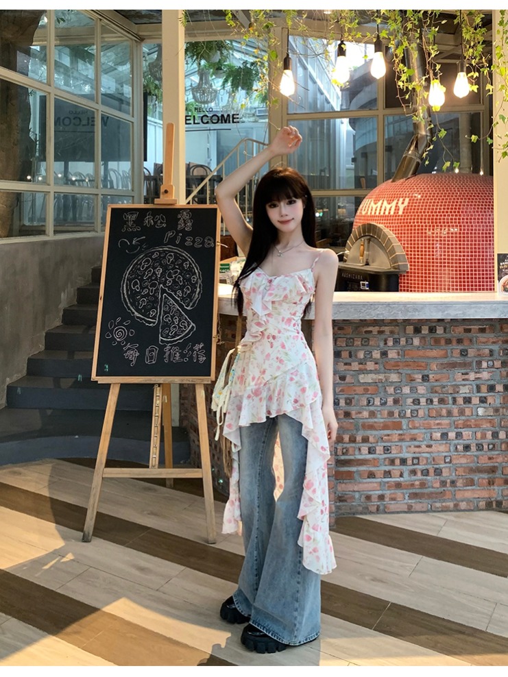 Drawing interpretation of WAHJU, a gentle beauty with slimming design and floral suspender top for women with irregular ruffles