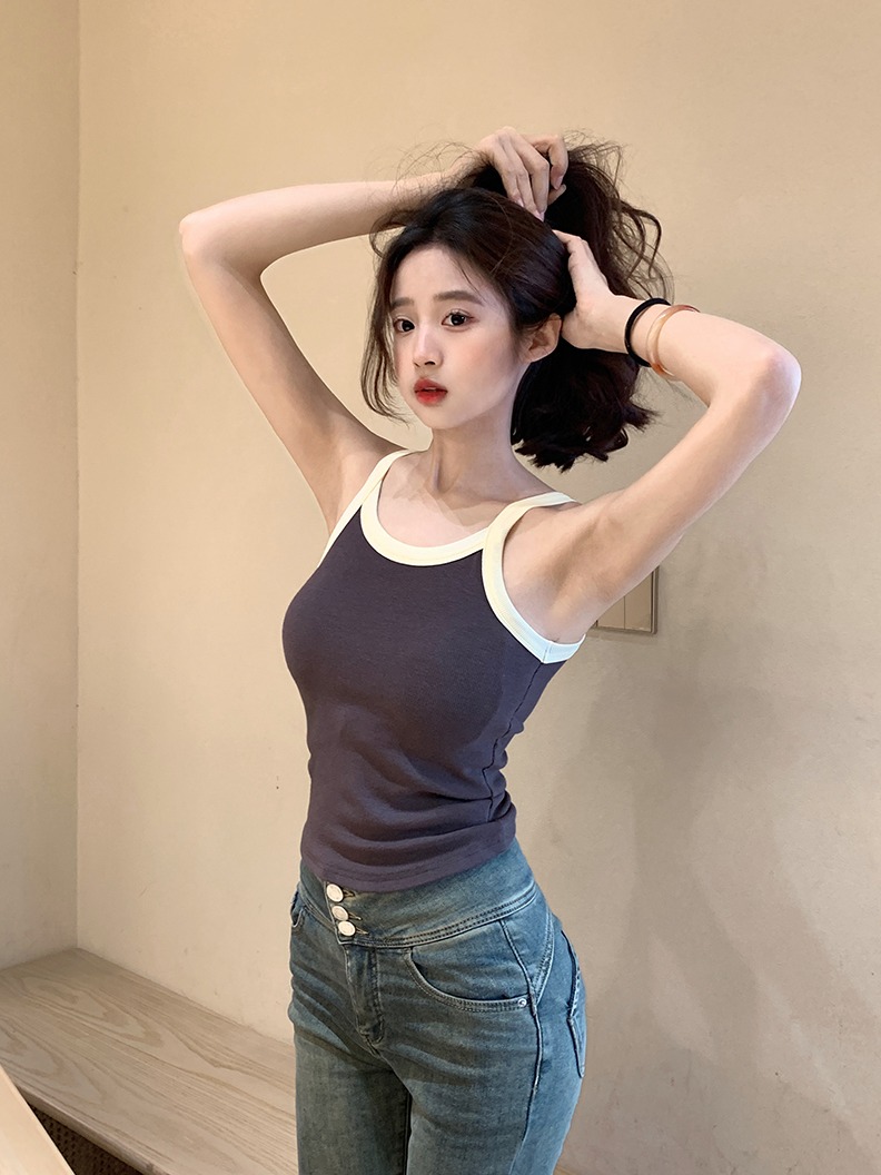 Real shot 2*2 rayon sleeveless vest 2024 summer short style trendy slim fit round neck hemmed Korean style women's top