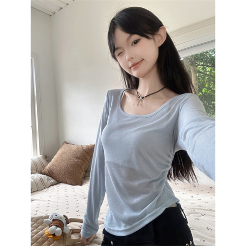 Real shot of new summer slimming contrasting color real two-piece T-shirts sweet and spicy long-sleeved bottoming pure lust tops for women