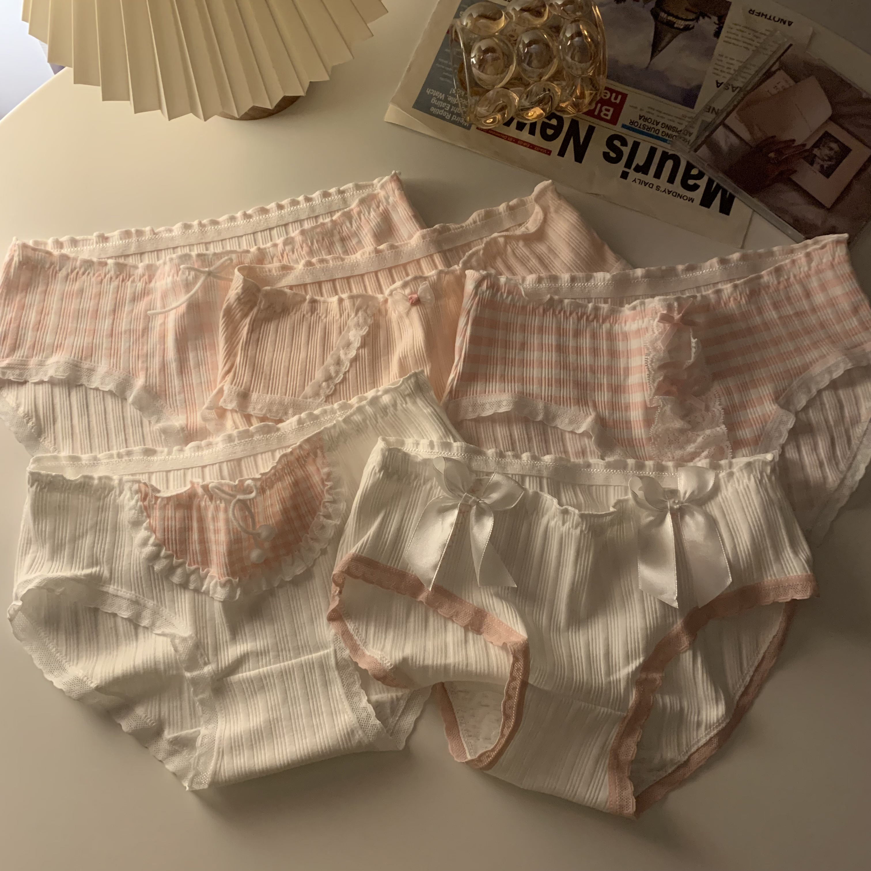 Real shot ~ Japanese pink underwear, feminine bow, pure cotton, versatile plaid breathable briefs, 3-pack