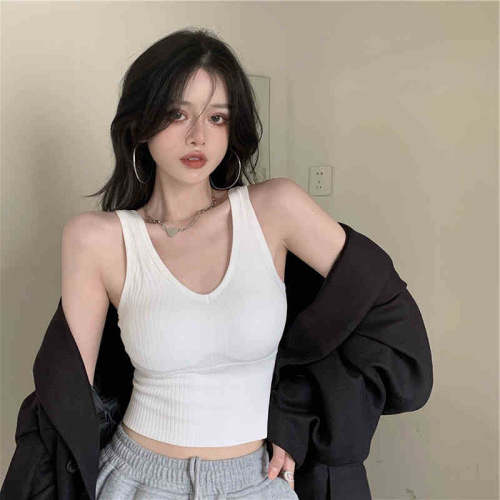 Hot girl pure desire summer racer vest short bottoming shirt for women to wear with breast pads solid color versatile back top