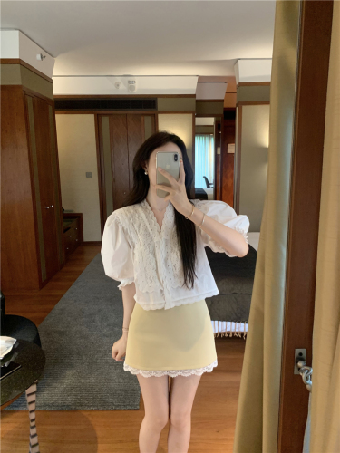 Real shot of embroidered slimming simple mid-sleeve shirt lace V-neck fashionable versatile top lace skirt suit