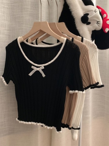 Real shot of bow T-shirt women's knitted short slim top summer