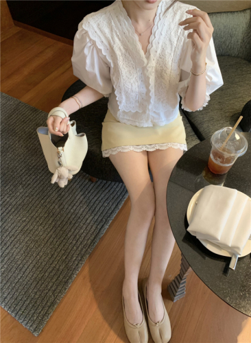 Real shot of embroidered slimming simple mid-sleeve shirt lace V-neck fashionable versatile top lace skirt suit