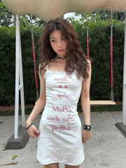 American hot girl lace splicing design suspender skirt for women ins style sleeveless waist slimming letter print a-line skirt summer