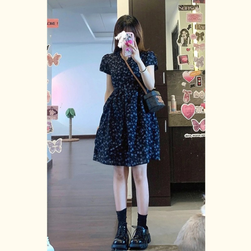 Korean new baby doll dress tea break French V-neck small floral short-sleeved waist slim dress for women summer