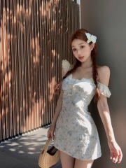 Real Shot Korean Version Slimming Slim Mid-length Sweet and Spicy Girl Floral Embroidery Waist Cinched Dress 