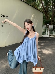 Actual shot of fresh ruffled round neck A-line suspender top for women in seaside resort style
