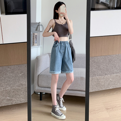 Real shot of denim pure cotton summer women's trendy high-waist slimming A-line wide-leg mid-pants loose five-point hem pants Internet celebrity