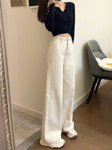 Women's Embroidered Stylish Design High-Waisted Casual Slim Straight Wide Leg Pants for Spring and Autumn 2024 New Arrival