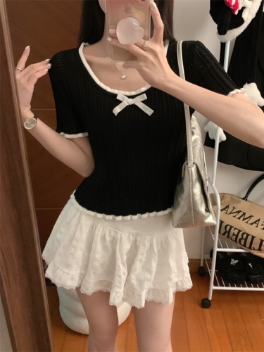 Real shot of bow T-shirt women's knitted short slim top summer