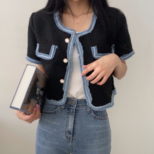 Spring and summer new Korean style fashionable short-sleeved contrasting coat female socialite light luxury cardigan top