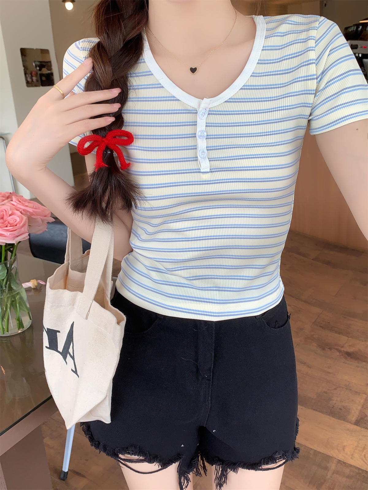 實拍 夏季韓版bm撞色彩色條紋紐扣正肩百搭設計感短袖T恤上衣