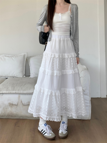 Actual shot of white skirt for women, spring style, high-waisted A-line skirt, cake skirt, design, lace splicing, crochet flower long skirt