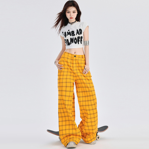 Real shot Elastic waist elastic plaid｜Wide leg pants for women summer loose and drapey floor mopping casual pants