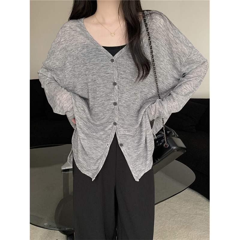 Photographed Genuine Loose V-Neck Design Sun Shirt Long-Sleeved Women's Top