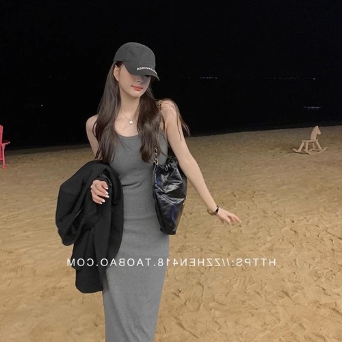 92 cotton/8 spandex 40 counts 210g pure cotton gray long tank top dress women summer 2024 Korean style skirt