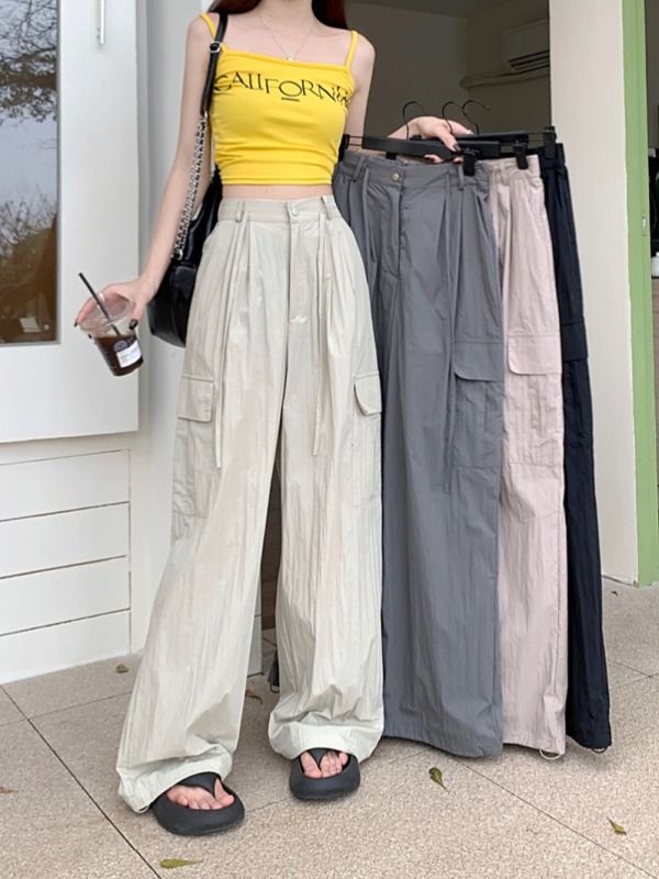 Real shot of solid color overalls, American casual pants, women's spring and summer new high-waisted straight design wide-leg pants