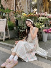 Actual shots in stock ~ Floral holiday style suspender dress + headscarf + lace mesh blouse three-piece set for women summer