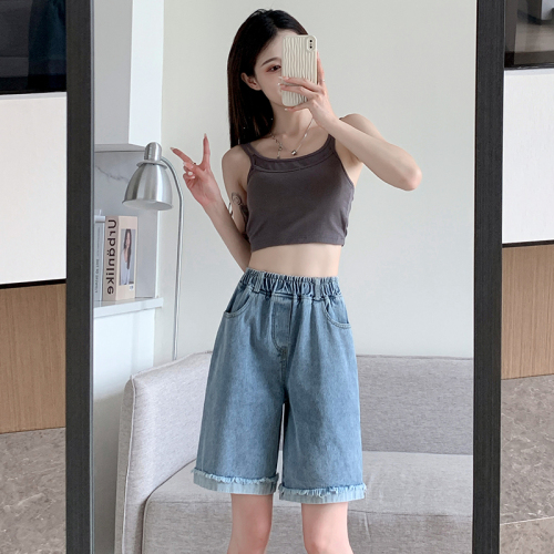 Real shot of denim pure cotton summer women's trendy high-waist slimming A-line wide-leg mid-pants loose five-point hem pants Internet celebrity