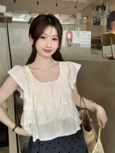 Actual shot of 2024 new summer Korean style loose square collar flying sleeves temperament cake doll shirt small shirt blouse