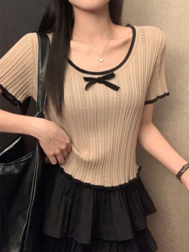 Real shot of bow T-shirt women's knitted short slim top summer