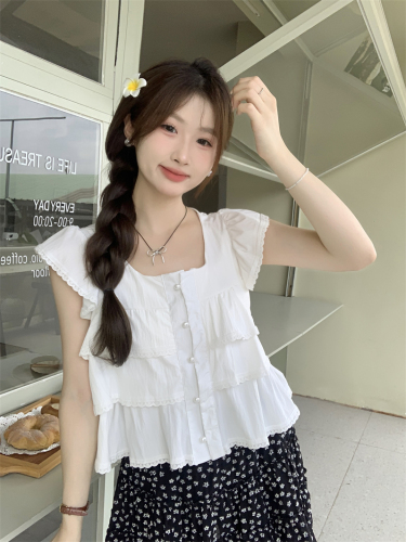 Actual shot of 2024 new summer Korean style loose square collar flying sleeves temperament cake doll shirt small shirt blouse