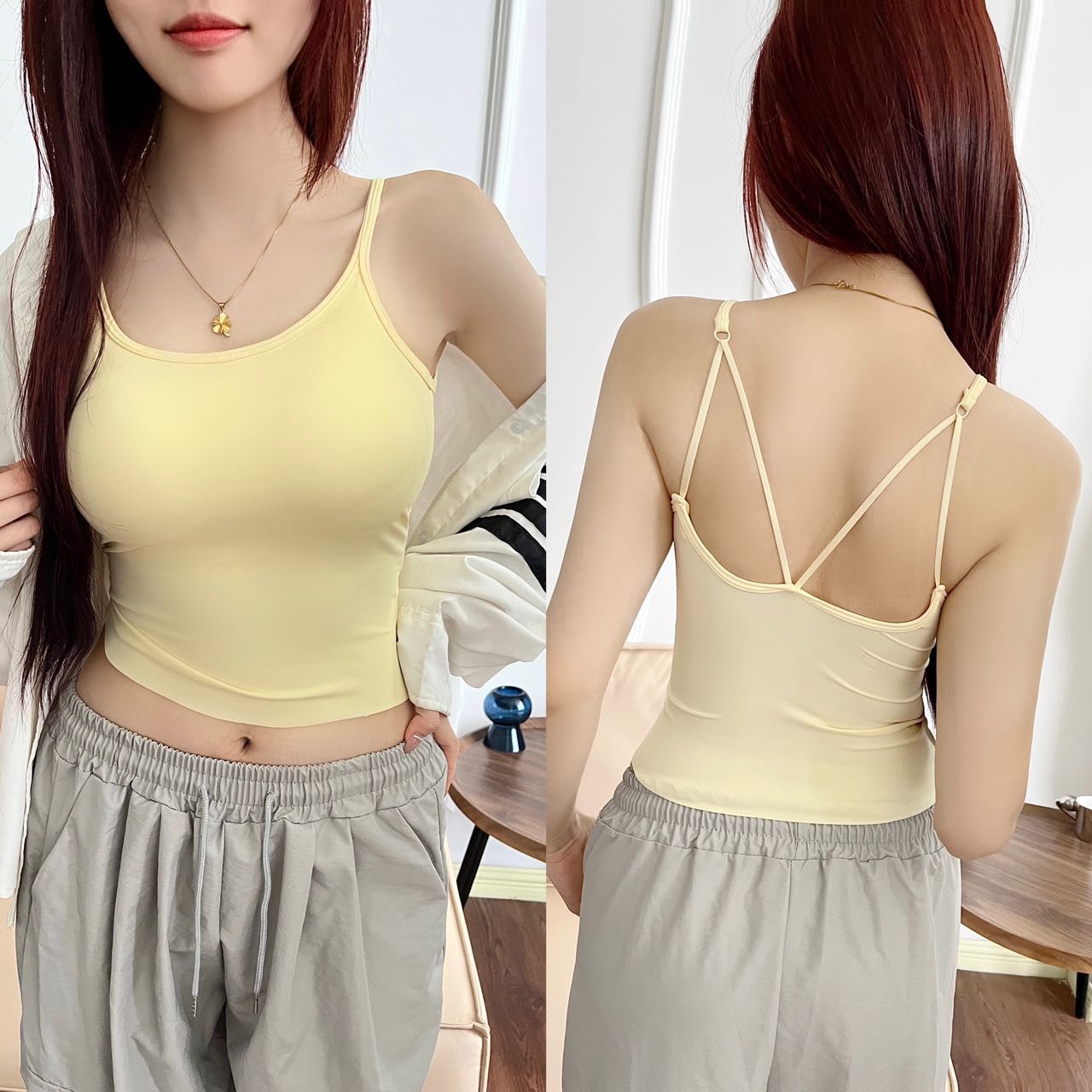 ~Summer new ice silk double shoulder strap suspender back versatile sleeveless bottoming jacket for women