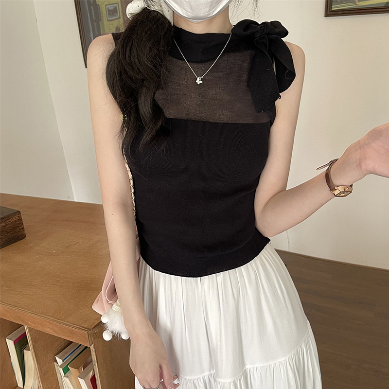 Real shot of pure lust sweet hottie tie bow vest T-shirt women pleated slim sleeveless top summer