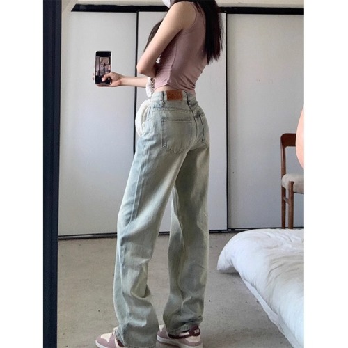 Light color straight non-elastic jeans for women hot new style high waist slimming wide leg pants