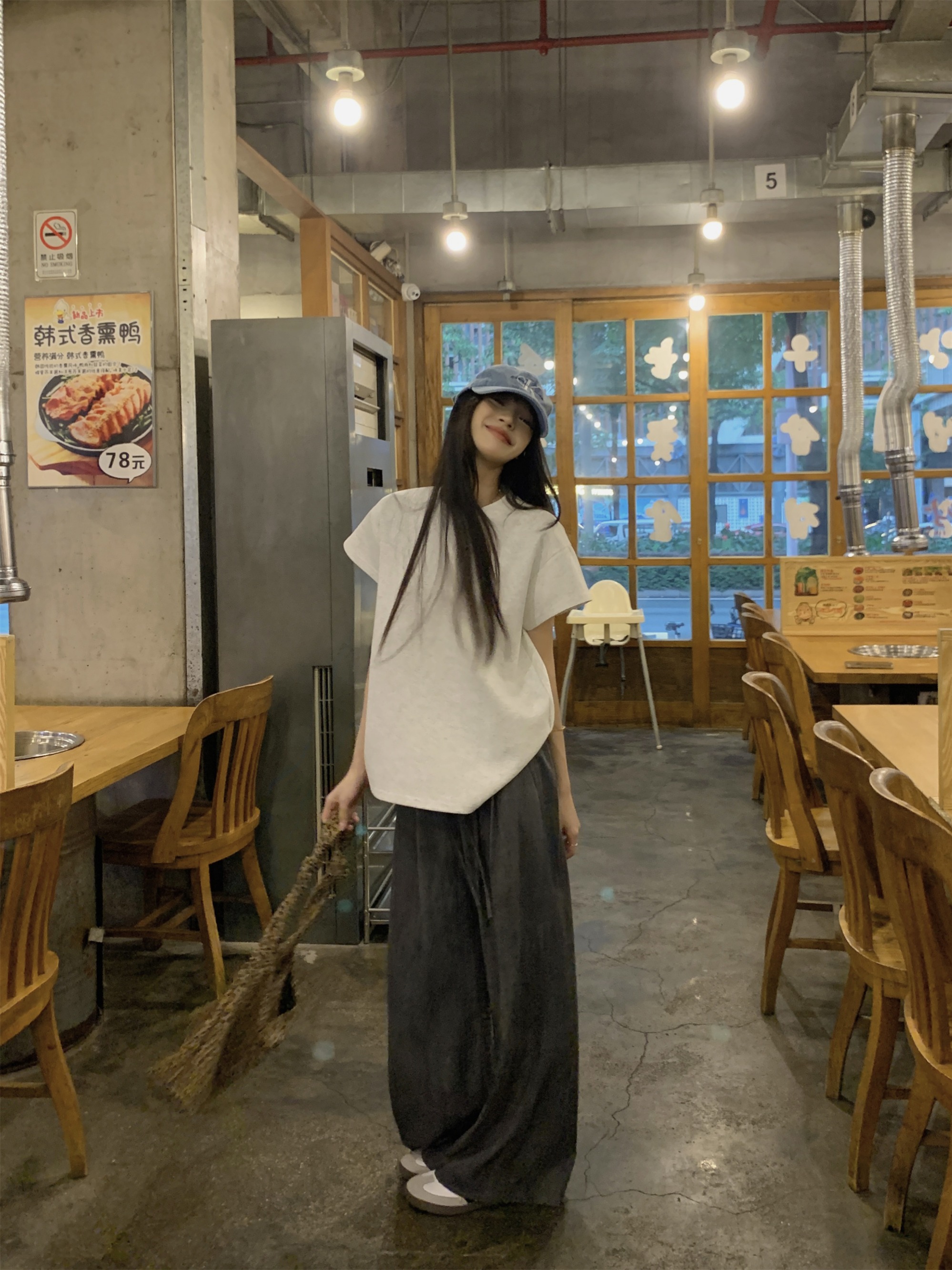 實拍~美式寬鬆顯瘦減齡T恤女潮ins+寬鬆美式設計感休閒闊腿褲