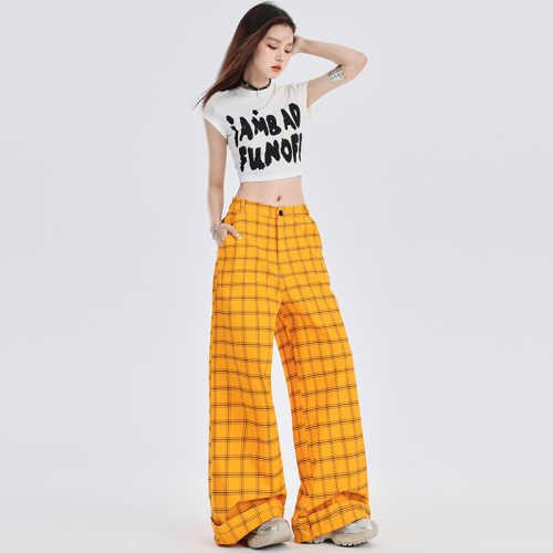 Real shot Elastic waist elastic plaid｜Wide leg pants for women summer loose and drapey floor mopping casual pants