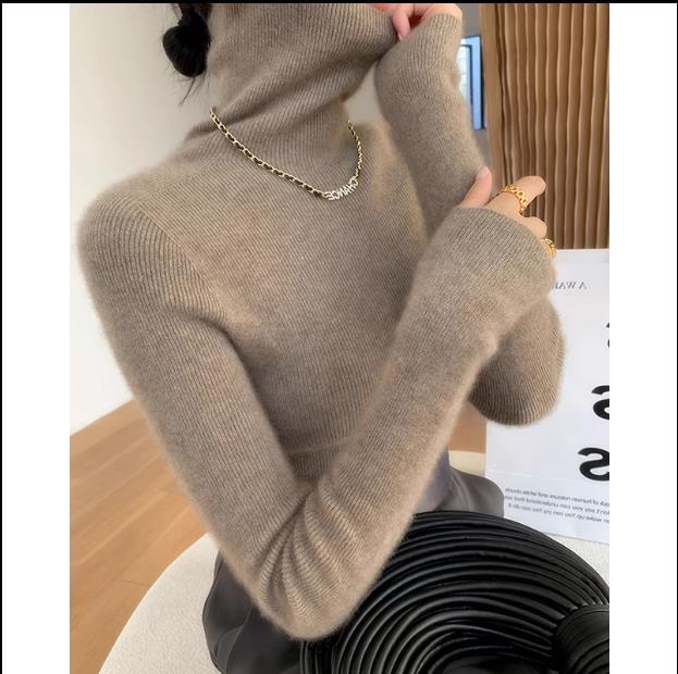 Large size soft waxy high collar knitted bottoming shirt for women in autumn and winter new style pile collar sweater with slim fit top