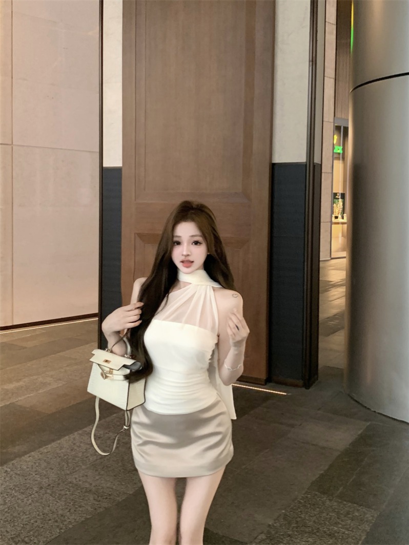 Real shot chiffon ribbon pleated sleeveless top women's tube top halter neck two-wear design t-shirt