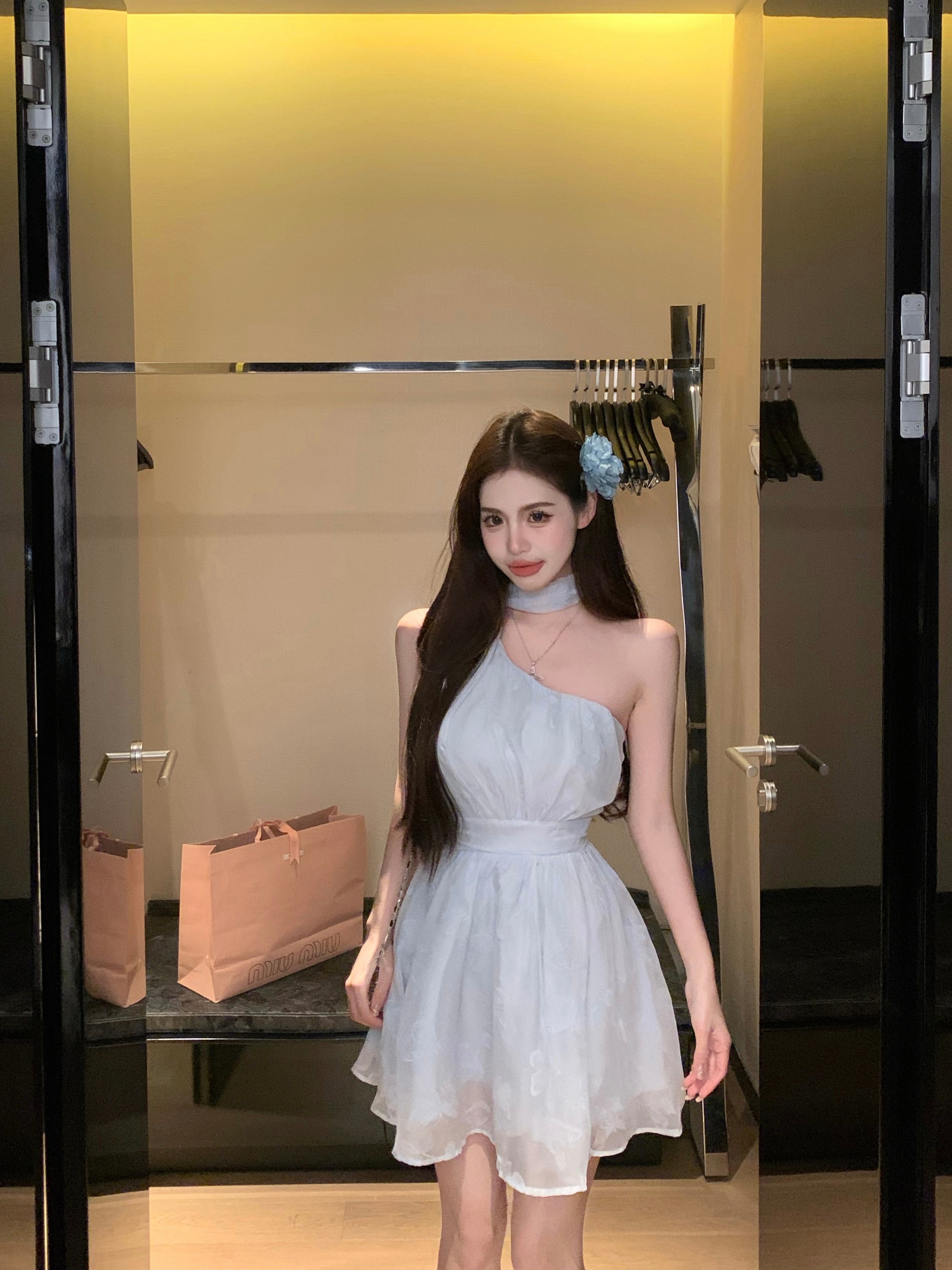 Real shot!  Sweet slanted shoulder ribbon dress for women summer butterfly flocking short/long fairy dress