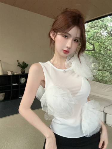 Real shot of three-dimensional large flower micro-transparent mesh pure desire sexy tank top T-shirt for women